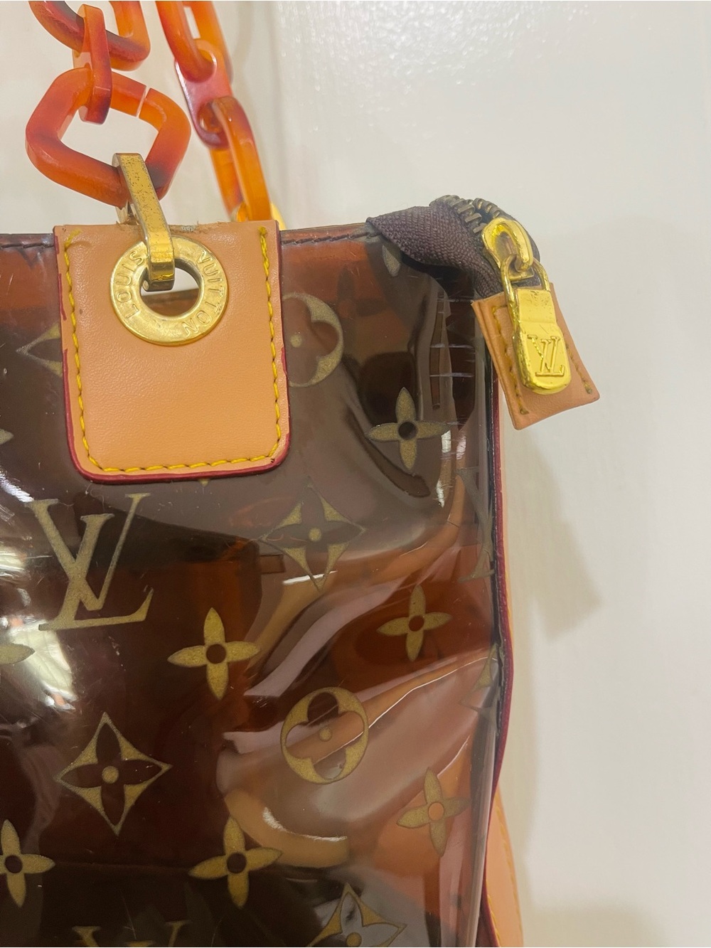 Brown Transparent Monogram Tote with Amber Chain Straps - Picture 11 of 16